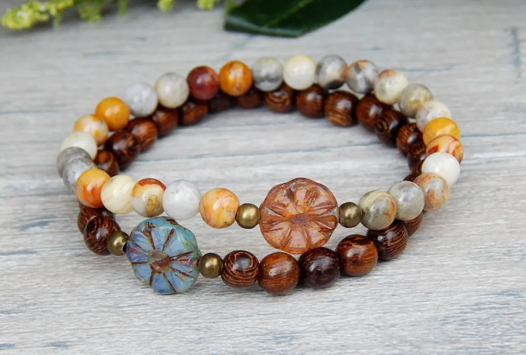 Simple Boho Stacked Small Bead Bracelets with Daisy Focal Beads