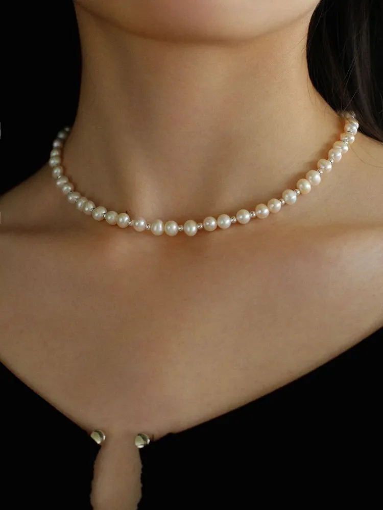 Simple Mini Pearl Silver Bead  Necklace