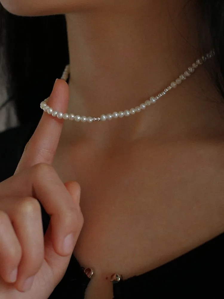 Simple Mini Pearl Silver Bead  Necklace