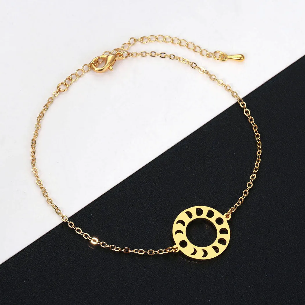 Stainless Steel Girls Bracelet Geometric Moon Phase Pendant Bracelet