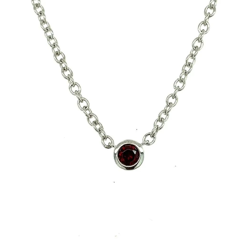 Sterling Silver Round Garnet Solitaire Necklace