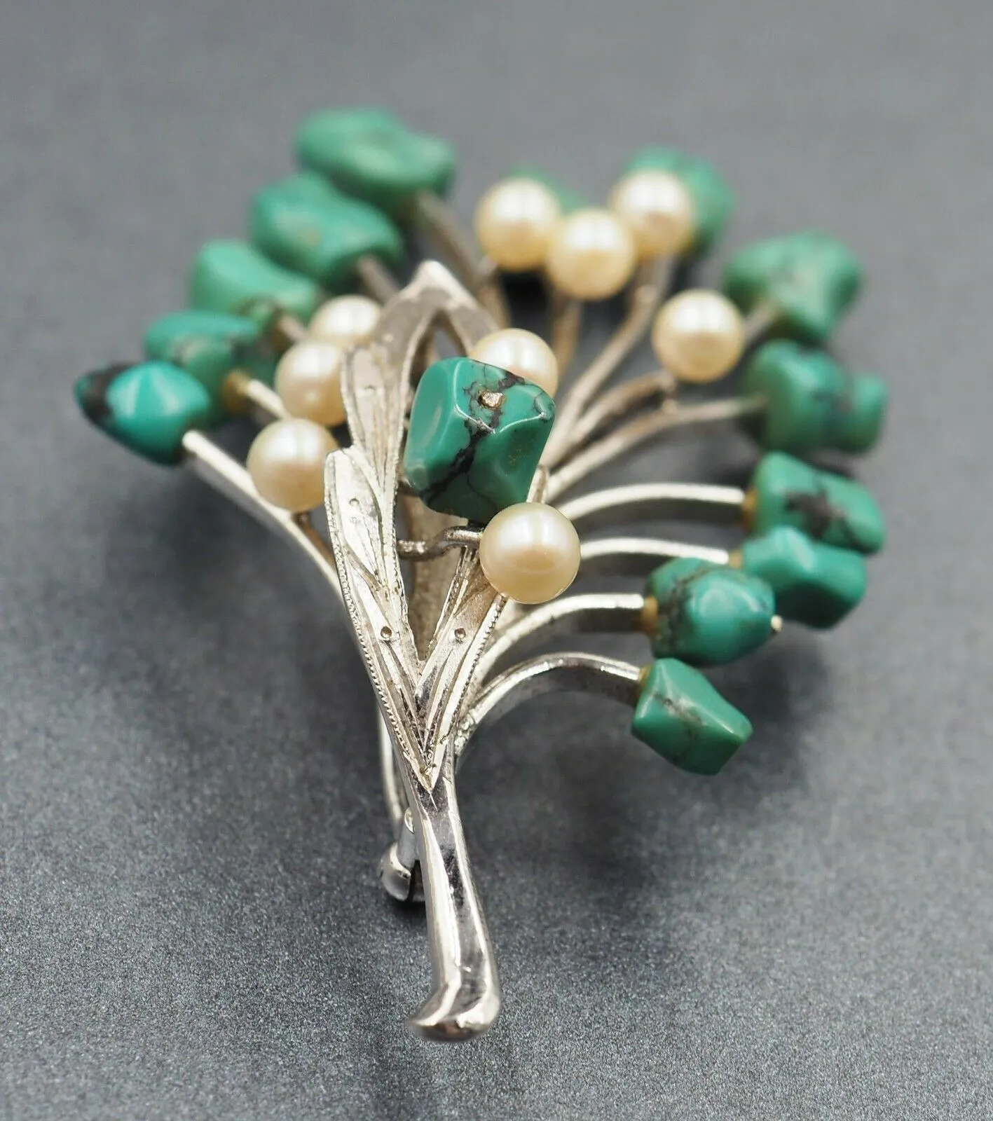 Sterling Silver Turquoise & Cultured Pearl Brooch