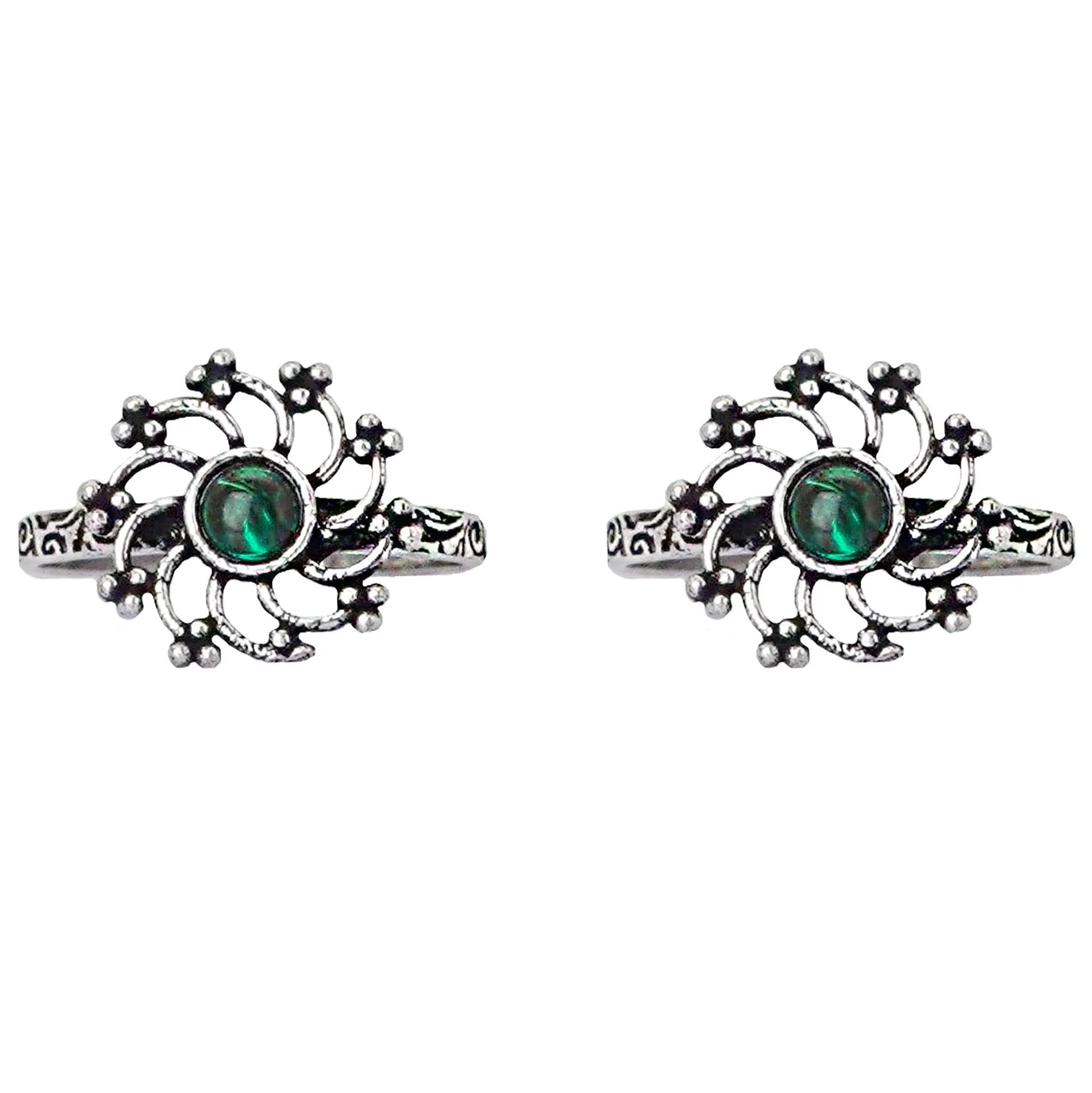 Teejh Dhrishya Green Stone Silver Oxidised Toe Rings