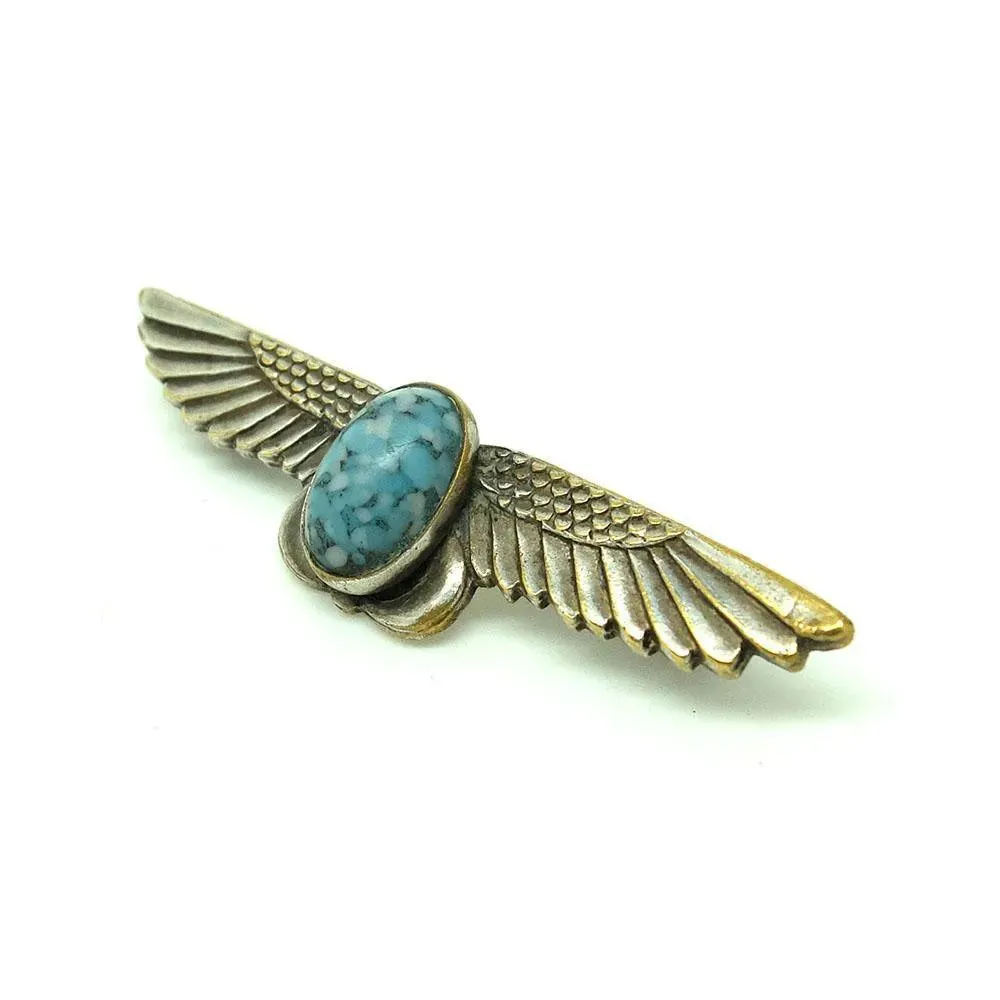 Vintage 1920s Egyptian Revival Silver Plated Scarab Winged Brooch