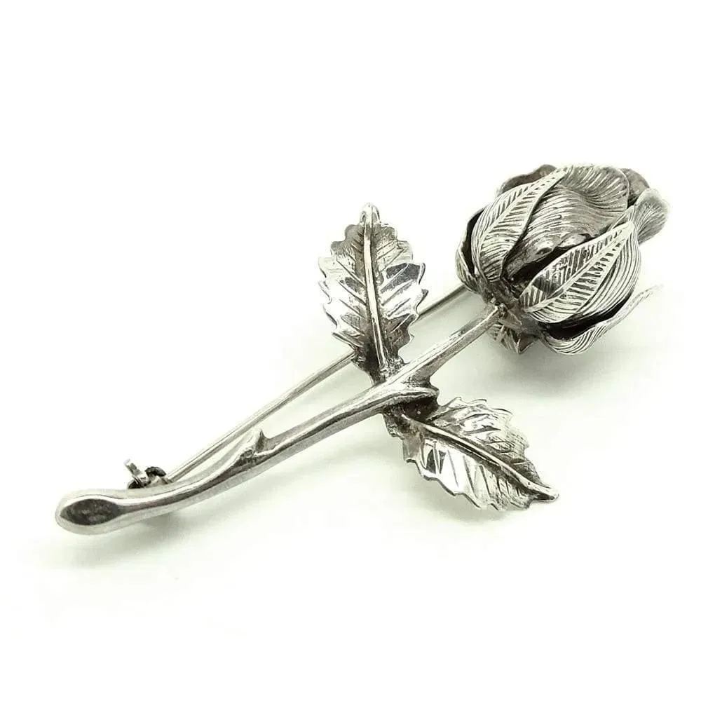 Vintage 1960s Silver Rose Bud Flower Brooch