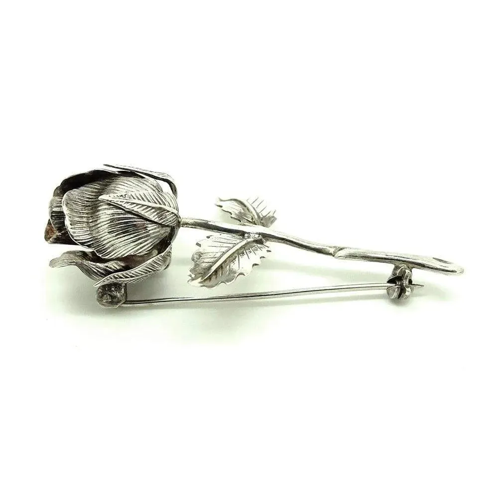 Vintage 1960s Silver Rose Bud Flower Brooch