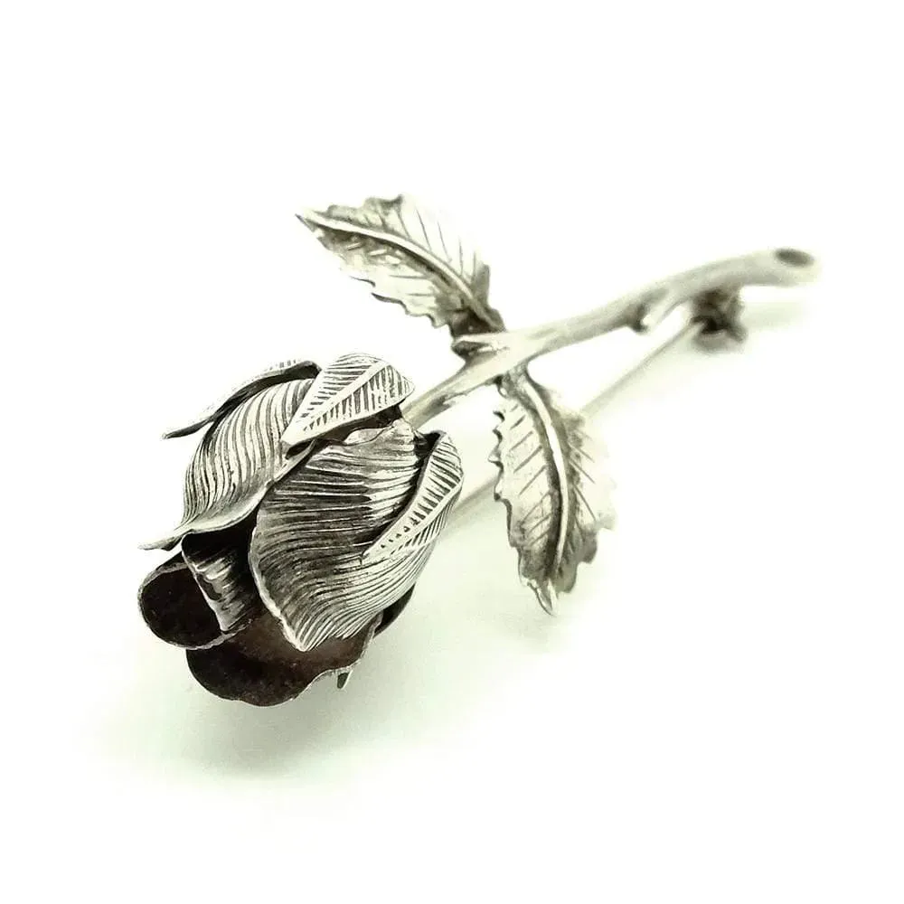 Vintage 1960s Silver Rose Bud Flower Brooch