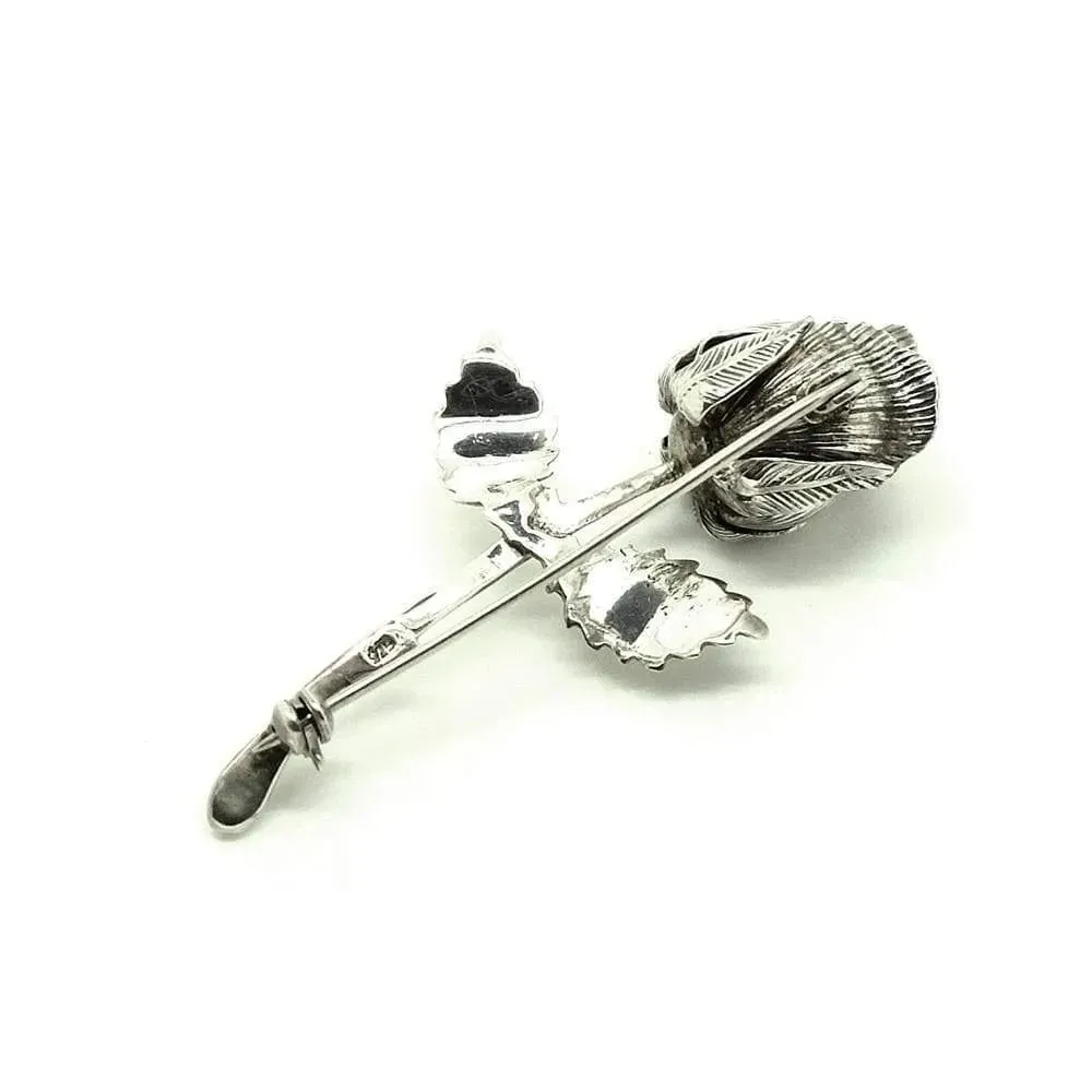 Vintage 1960s Silver Rose Bud Flower Brooch