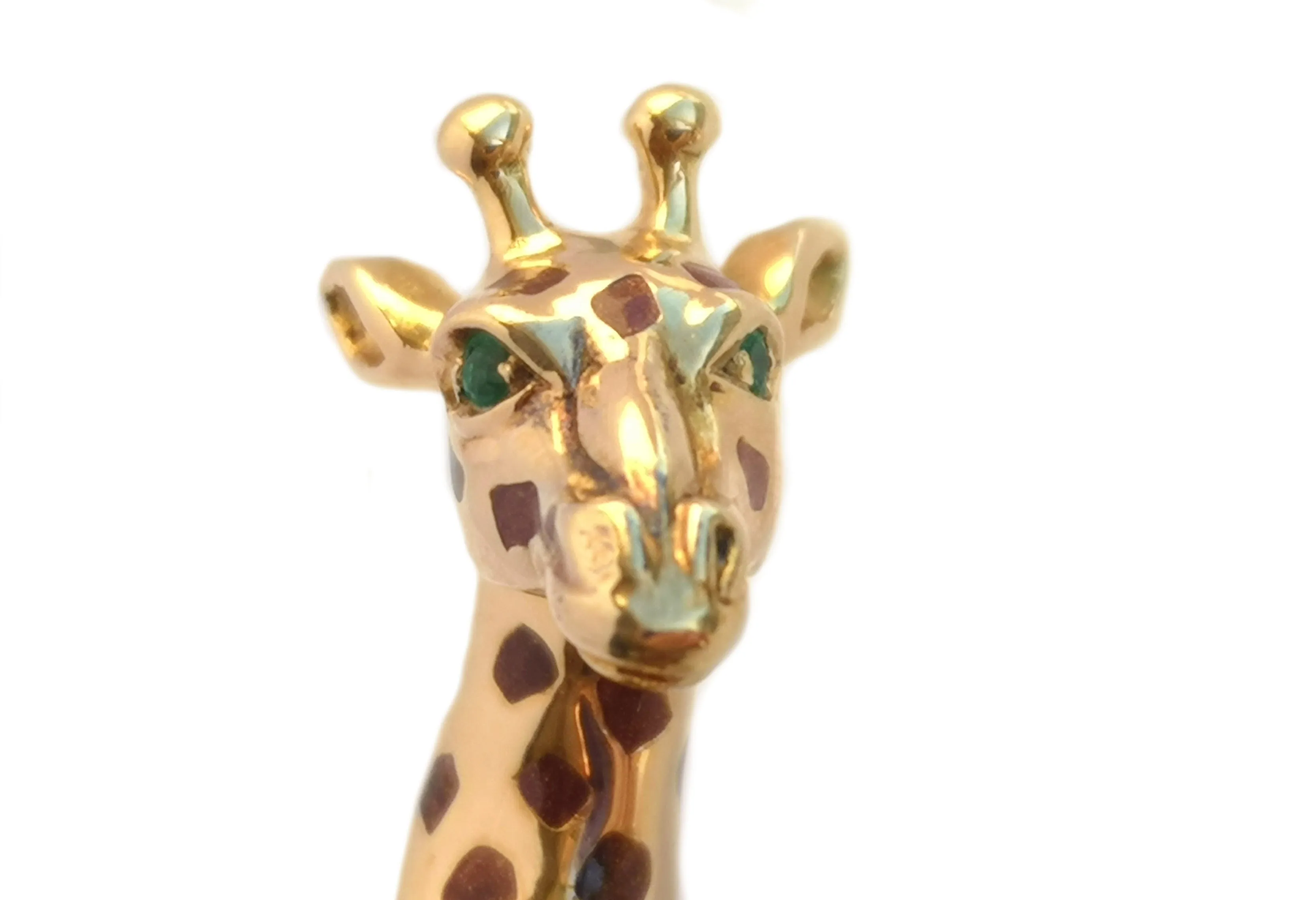 Vintage 1980s Cartier Enamel Giraffe Brooch with Emerald Set Eyes