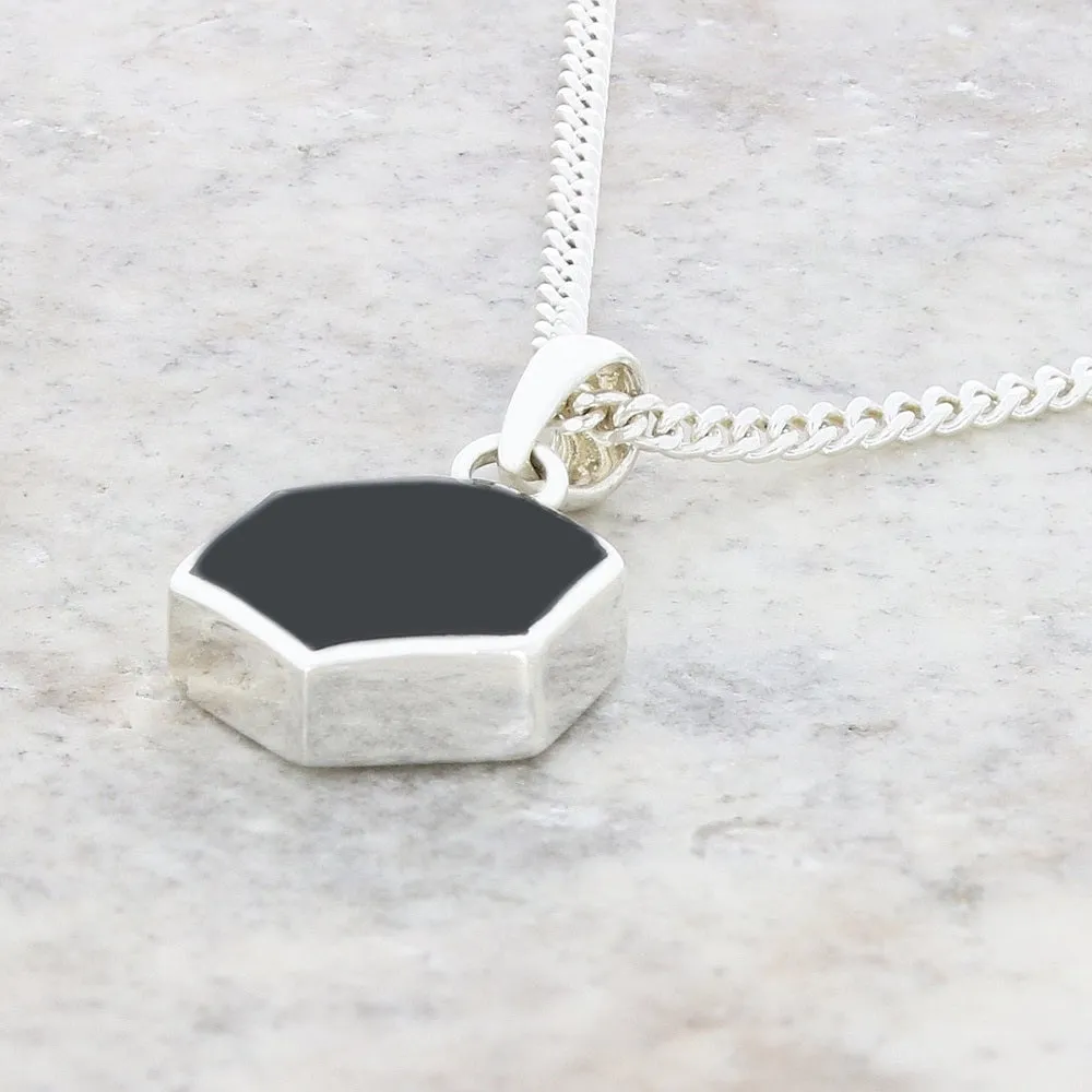 Whitby Jet Sterling Silver Hexagonal Pendant and Chain