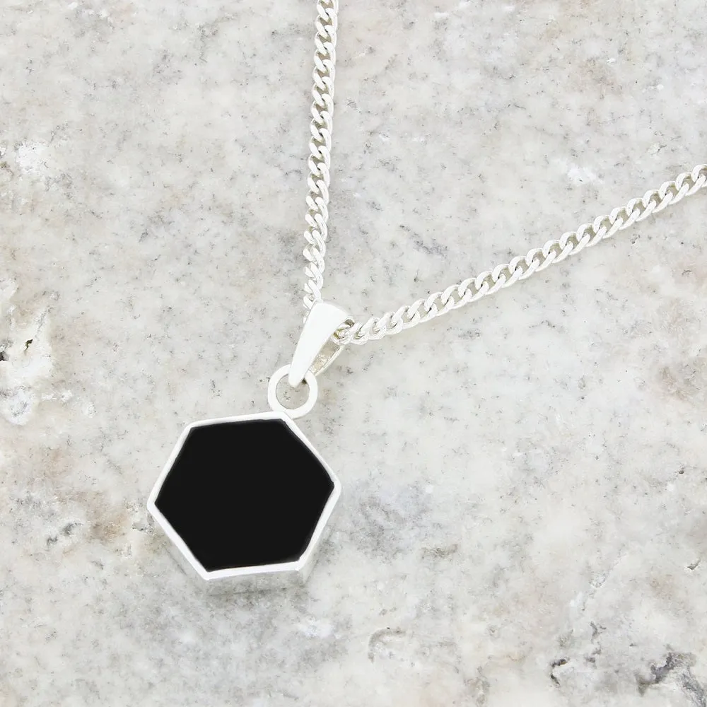 Whitby Jet Sterling Silver Hexagonal Pendant and Chain