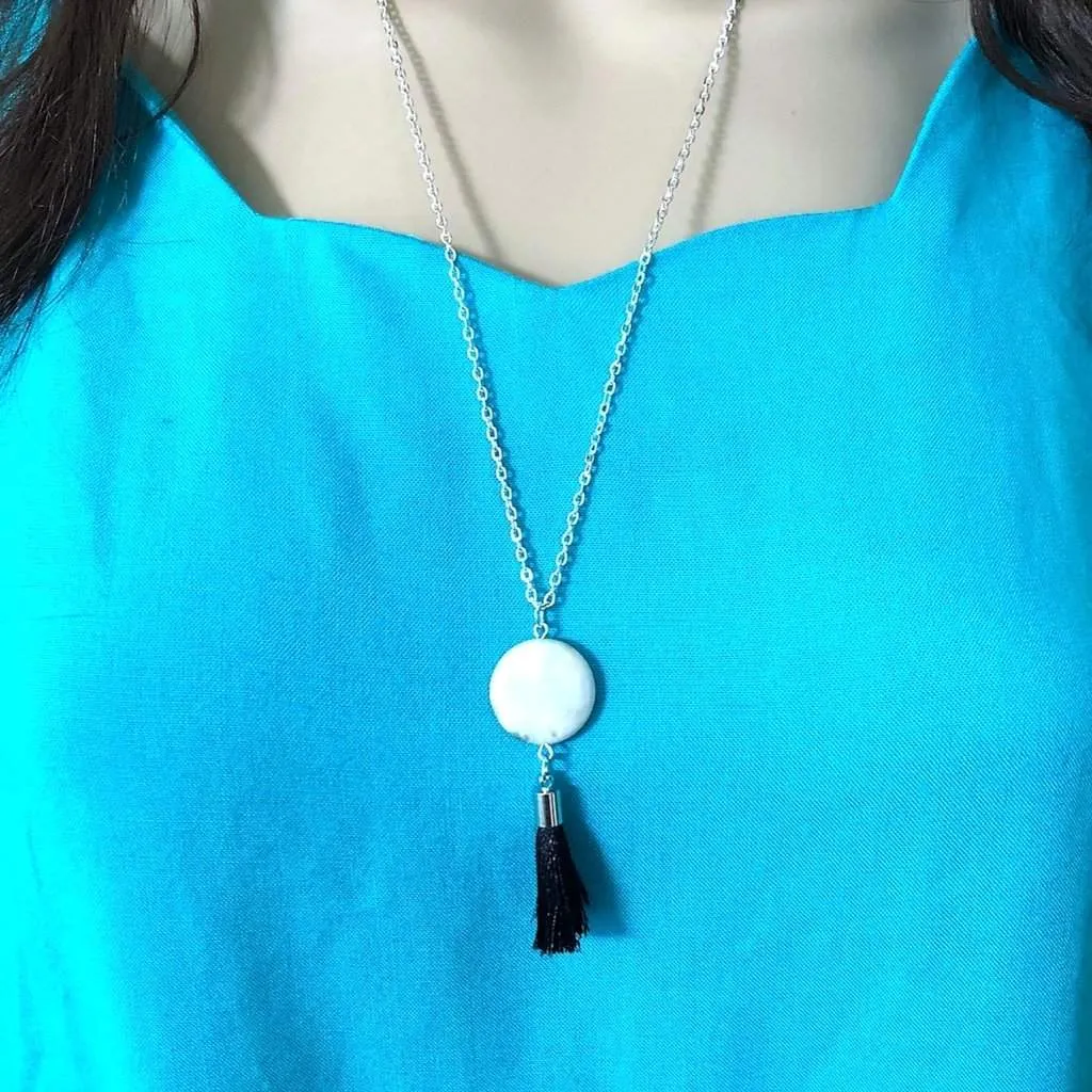 White Jasper Stone and Black Tassel Long Necklace